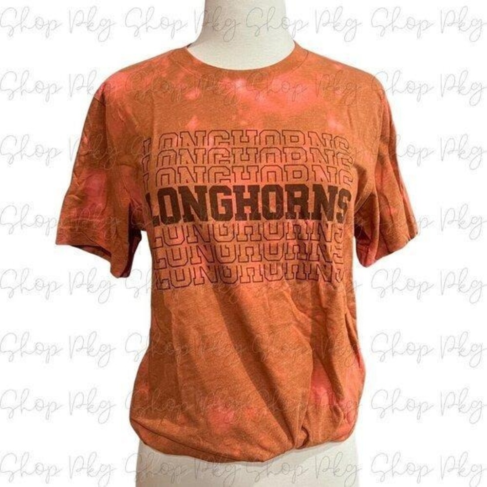 Longhorns Stacked Bleached Dyed Graphic Tee MEDIUM Orange Black Texas Team NWT